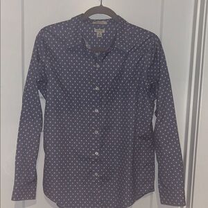 L.L. Bean Dark Blue Button-Down with White & Pink Mini Flowers Wrinkle-free